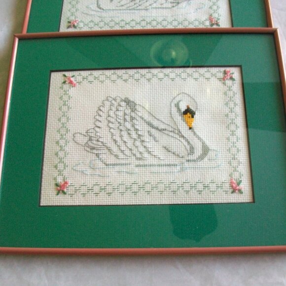Pair Elegant Regal Swans Cross Stitch Framed Art Wall Decor 8.5" x 10.5" - Picture 4 of 8